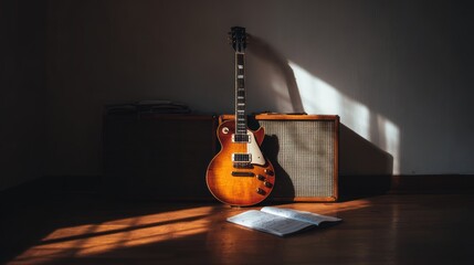 Sunlit guitar & amp, sheet music on wooden floor