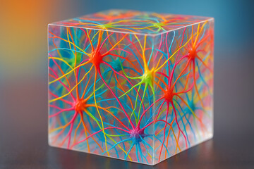 Colorful bright fibers form complex network inside clear polymer cube representing technology and data connection