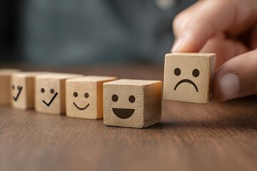 Customer Satisfaction Concept with Wooden Emoji Blocks