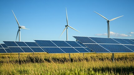 Sustainable energy field with solar panels and wind turbines under a clear blue sky
