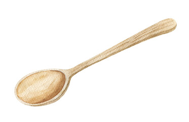 Wooden watercolor tablespoon isolated on white background. Kitchen utensil, spice spoon