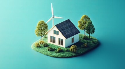 Sustainable home model with solar panels, wind turbine, and lush greenery on a small island