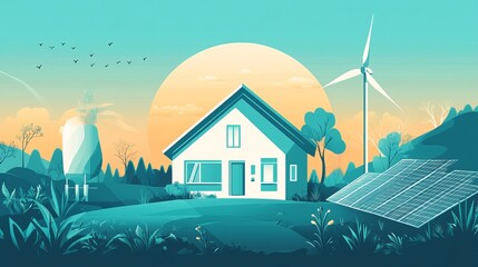 Sustainable home nestled in a serene landscape with renewable energy sources like solar panels and wind turbine