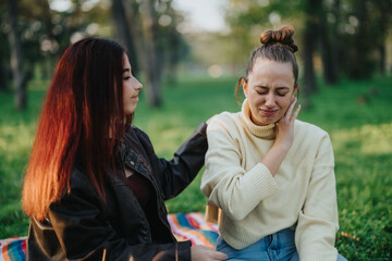A young woman provides comfort to her emotional friend while seated on a blanket in a park. The...