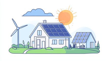 Sustainable homes powered by solar panels and wind turbine, showcasing eco-friendly living in a serene landscape