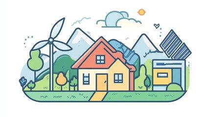 Sustainable house nestled in a mountainous landscape with renewable energy sources like wind turbines and solar panels