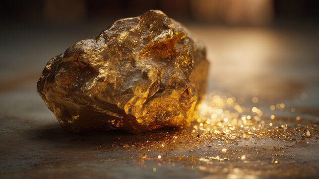 A raw gold nugget rests on a textured surface, surrounded by scattered gold particles. The lighting highlights its metallic sheen against a softly blurred background.