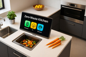 Smart modern kitchen design showcasing zero waste system promoting sustainable living with efficient waste sorting