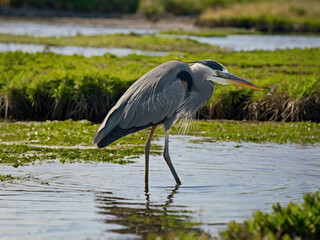 Fototapeta premium Great blue heron wading in shallow water surrounded by green marsh grass wading bird