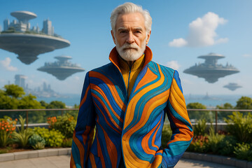 Mature man vibrant colorful suit stands confidently rooftop garden overlooking futuristic floating city architectural