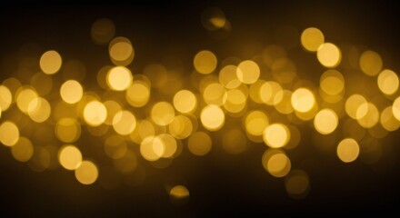 Golden bokeh lights. Blurred yellow circles. Dark background. Glowing dots. Abstract texture. Bokeh effect. Light spots. Festive atmosphere. Sparkling lights.