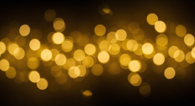 Golden bokeh lights. Blurred yellow circles. Dark background. Glowing dots. Abstract texture. Bokeh effect. Light spots. Festive atmosphere. Sparkling lights. - Powered by Adobe