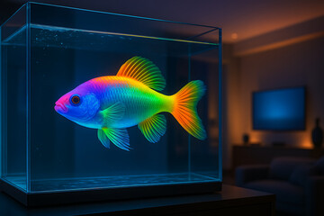 A captivating rainbow fish with vibrant colors swims gracefully inside brightly lit clear glass aquarium tank
