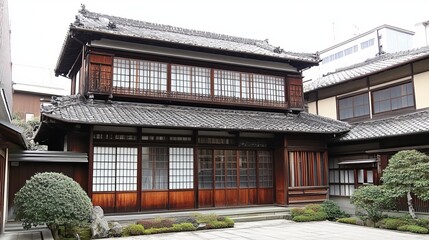 Traditional Japanese wooden house with dark gray tiled roof, shoji screens, and a small courtyard garden