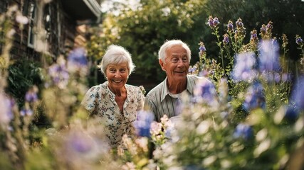A pair of seniors enjoy each other's company in a vibrant garden, surrounded by blooming flowers. Their smiles reflect a lifetime of shared love and laughter on a beautiful sunny afternoon.