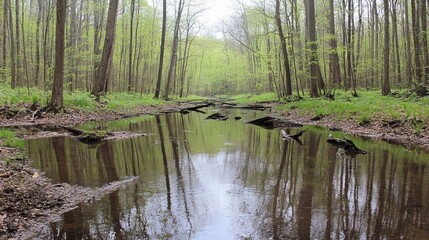 Tranquil forest stream reflecting lush greenery, creating a serene, mirrored image of the trees and undergrowth