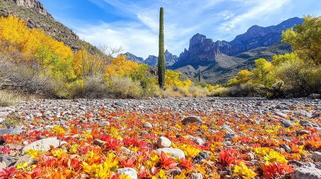 A tall cactus standing tall amidst desert flora, unique perspective, bold statement