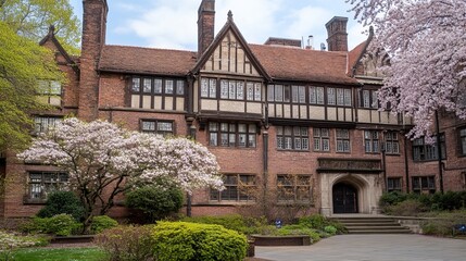 Tudor-style mansion with blooming trees, showcasing its brickwork, timber framing, and symmetrical facade.  A paved courtyard sits before the grand entrance