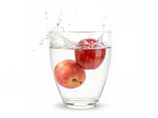 Red apples splashing in clear water inside a glass cupisolated white background   