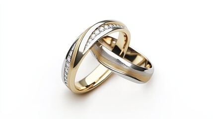 Two intertwined wedding rings, one gold, one platinum, adorned with small diamonds, displayed against a stark white background