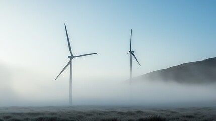 Two wind turbines stand tall in a misty landscape at dawn, their blades silhouetted against the pale sky.  The scene evokes a sense of serene power and clean energy