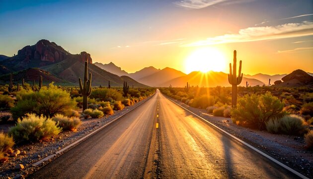 Scenic desert highway at sunrise