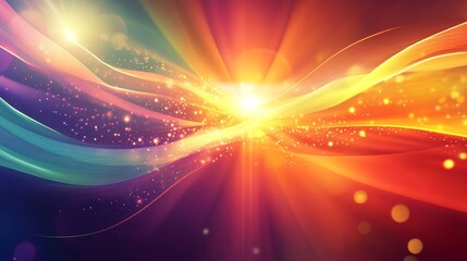 Vibrant abstract artwork featuring swirling, luminous waves of color converging on a bright central point, creating a dynamic and energetic visual
