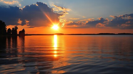 Vibrant sunset casting orange hues across a calm lake, silhouetted trees on the shore, and a partly cloudy sky
