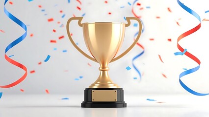 Golden trophy with red blue ribbons and confetti award