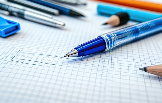 Close-up of assorted writing implements on graph paper.  A blue pen rests in the foreground, with other pens and pencils visible in the background.  A blank space is drawn on the paper - Powered by Adobe
