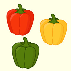 Three vibrant bell peppers, red, yellow, and green, isolated against a pale background.