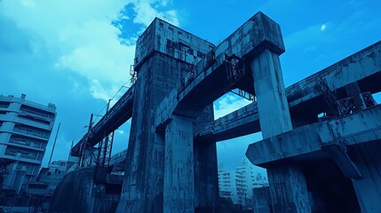 Weathered concrete structure against a blue sky, possibly an old industrial or transportation relic.  Shows signs of age and decay, yet retains a strong architectural presence