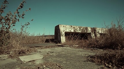Weathered concrete structure, overgrown with dry vegetation under a clear sky. Hints of past functionality amidst nature's reclamation