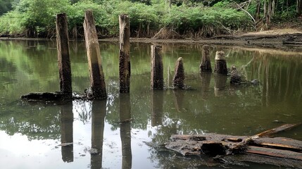 Weathered wooden pilings stand partially submerged in murky water, remnants of a structure, possibly a pier or dock, nestled amongst lush green vegetation