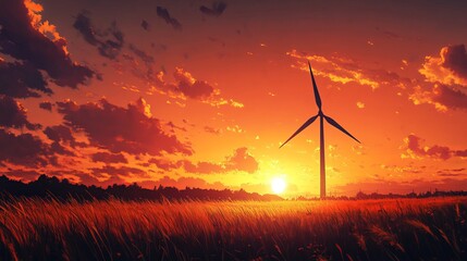 Wind turbine silhouetted against a vibrant sunset over a field of tall grass