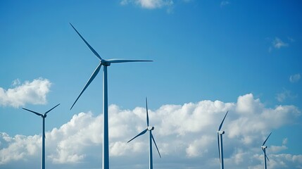 Wind turbines against a vibrant blue sky dotted with fluffy white clouds, showcasing clean energy potential