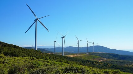 Wind turbines on a hilltop, generating clean energy against a clear blue sky and lush green landscape