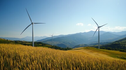 Wind turbines stand tall in a golden wheat field, set against a backdrop of majestic mountains under a clear blue sky.  A picturesque scene of renewable energy and natural beauty