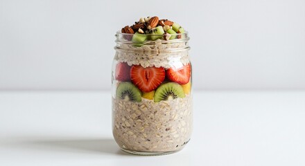 Healthy Fruit and Oatmeal Jar with Fresh Strawberries Kiwi Nuts on White Background