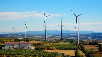 Wind turbines stand tall in a picturesque rural landscape, showcasing clean energy production amidst rolling hills and farmhouses