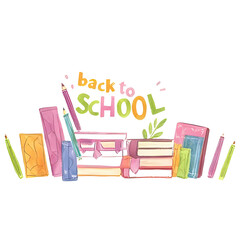 "Back to school" in a happy colorful font decorated with school supplies/pencils/books isolated on a transparent background