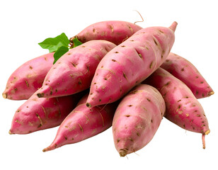 Sweet Potato Pile: A vibrant arrangement of fresh, organically grown sweet potatoes, their reddish-purple skin gleaming, along with verdant leaves, invites a healthy culinary experience.