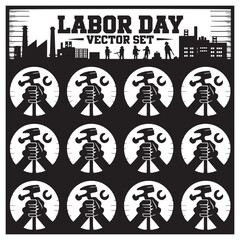 Naklejka premium Labor Day Vector Set with Workers, Tools, and Industrial Silhouettes 