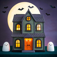 Spooky halloween haunted house with glowing windows and friendly ghosts under a full moon