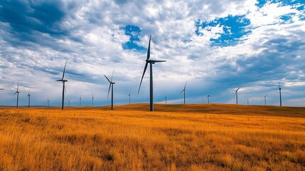 Wind turbines stand tall in a vast golden field under a dramatic sky.  The scene depicts clean energy production in a rural landscape