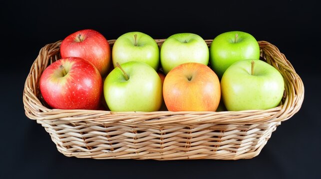 A woven basket brimming with freshly picked apples, autumnal theme, rich textures