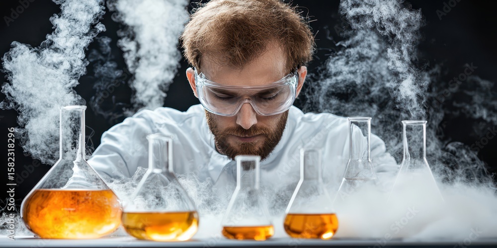 Poster engineer industrial portrait concept. scientist conducting experiments with flasks and smoke in a la