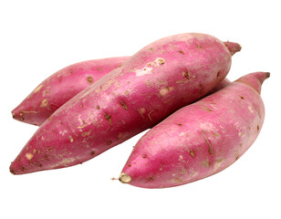 Vibrant Sweet Potatoes: A trio of freshly harvested sweet potatoes, each displaying a rich, earthy purple hue, is artfully arranged in a studio setting.