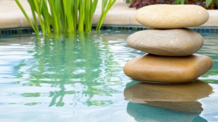 Fototapeta premium A series of stacked stones creating a Zen-like focal point, peaceful aura, contemplative style