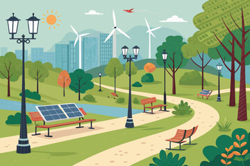 Spectacular Urban Park with Public Solar Benches and Wind Pow Expert Photography Craft Contemporary Modern Flair Great for Website Design Projects Professional Grade Creative Asset Collection Creative